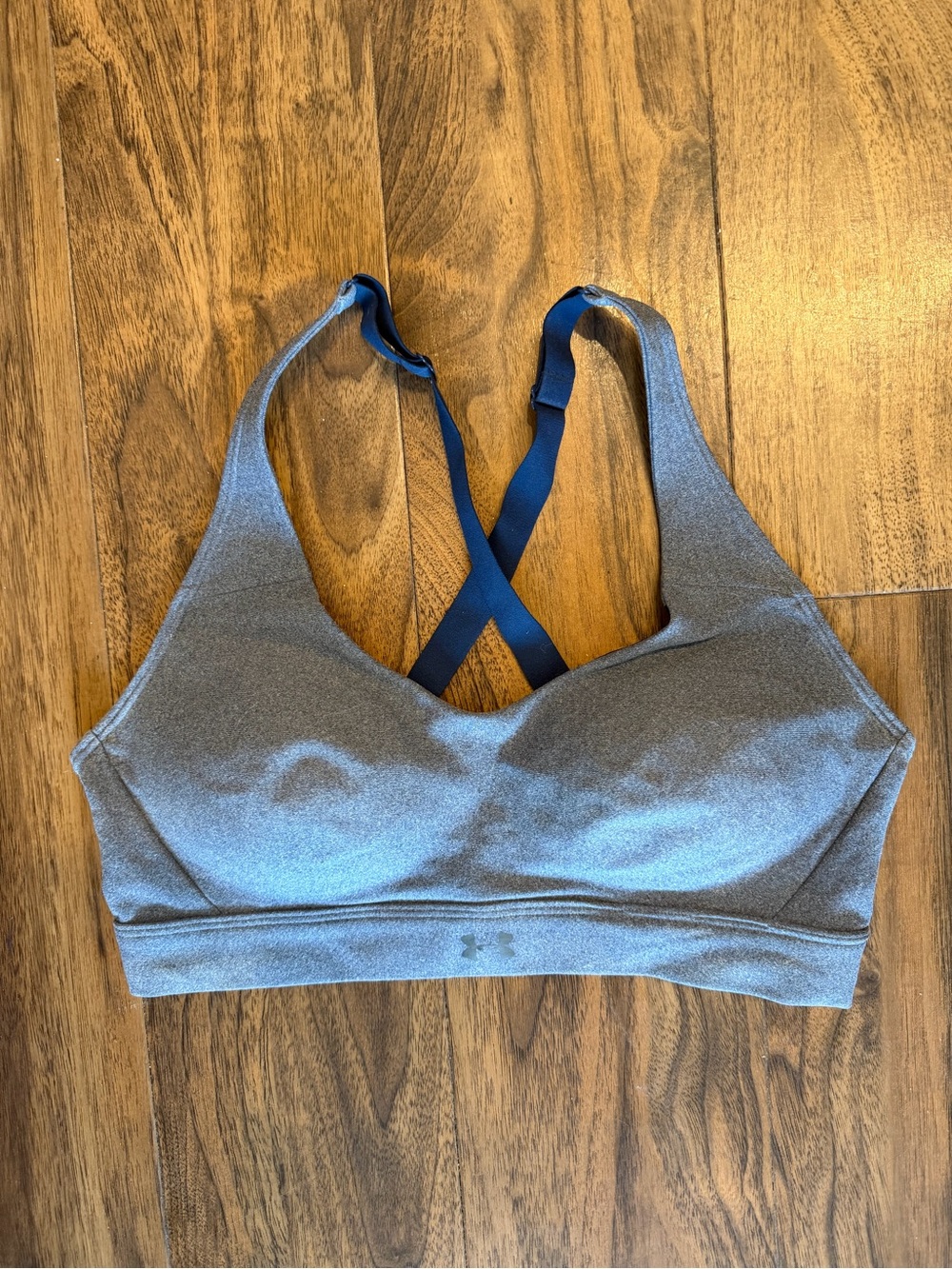 Under Armour Heather Gray Sports Bra with Navy Cross-Back Straps